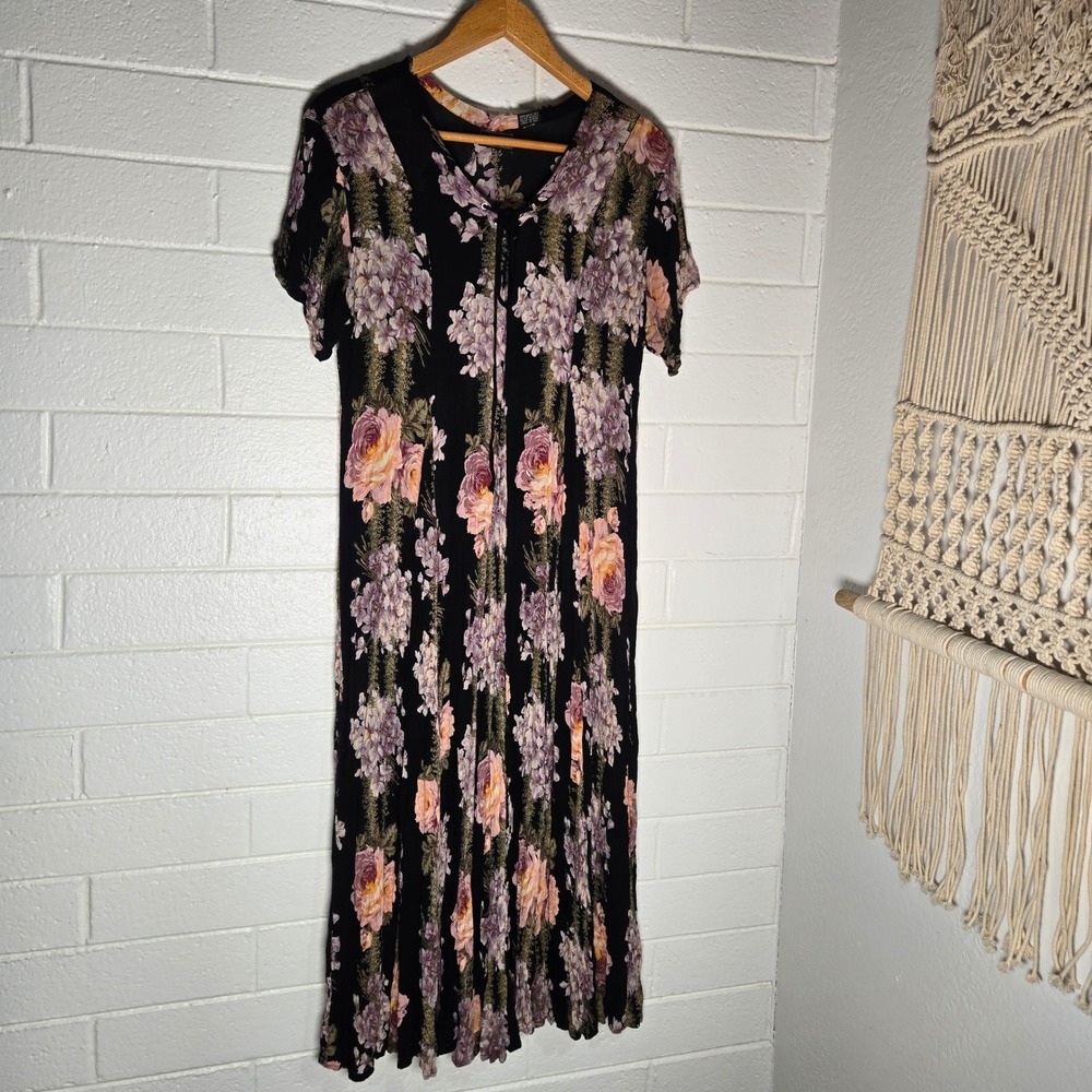 Vtg 90s Starina Floral Maxi Dress Large Black Rayon Fairy Grunge Whimsigoth Boho